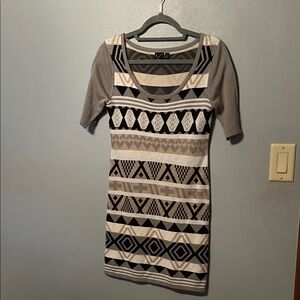 Chic Tribal Print Mini Dress - Black, Gray, Cream